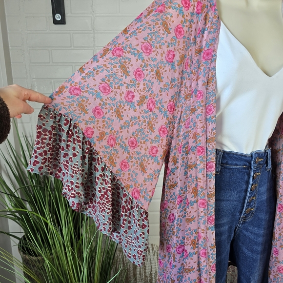 Umgee Pink and Blue Floral Animal Print Duster Kimono Large - Picture 6 of 9